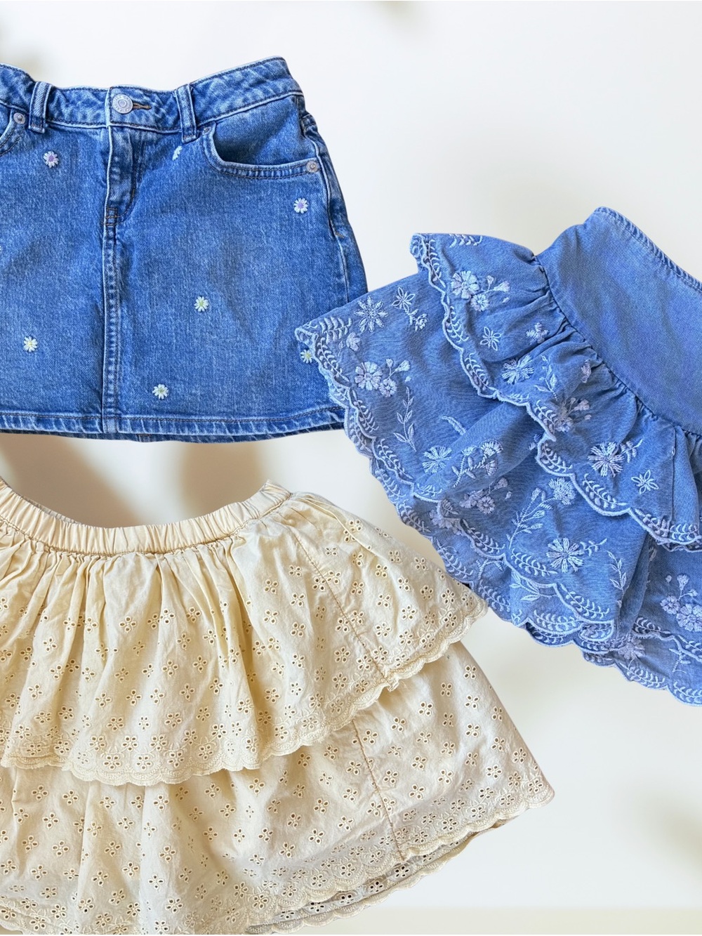 3 summer girls skirts/skort bundle 6-7 blue jean embroidered and yellow eyelet